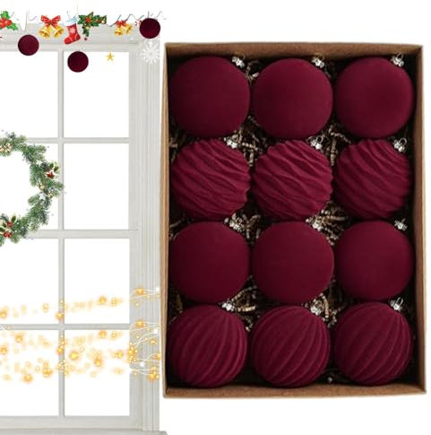 12 Boules Floquées | Pendentif Boules D'ornement d'arbre | Décoration d'arbre Bordeaux Floquée | Boules Décoratives Suspendues | Boules De Sapin De Noël À Suspendre pour Guirlande De Fête, 8 Cm