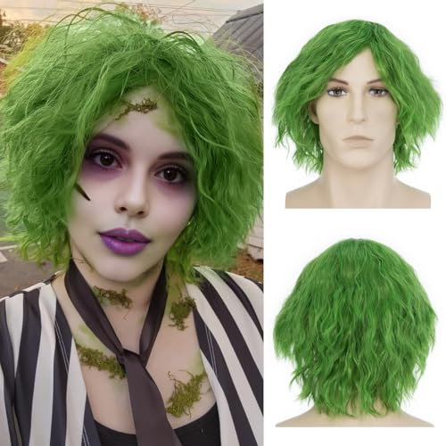 PARXITN Herren Perücke Synthetische Kurze Lockige Perücke Cosplay Mode Grasgrün Flauschige Lockenperücke Halloween Fancy Dress Kostüm Perücken für Unisex