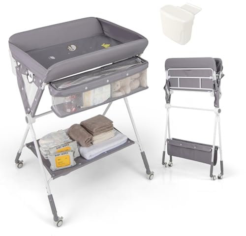 LIFEZEAL Cambiador 3 en 1 para Bebé, Cambiador Plegable con Ruedas, Cambiador de Pañal Ajustable de Tejido Oxford y PP, Capacidad de Carga 15 KG, no incluye bañera (Gris)