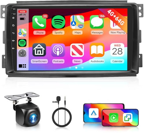 Hodozzy 4G+64G Autoradio für Mercedes-Benz Smart Fortwo 451 2005-2010 mit Wireless Carplay Android Auto, 9 Zoll Touchscreen Autoradio 2 Din mit Navi, Bluetooth, WiFi, DSP, FM/RDS Radio, Rückfahrkamera