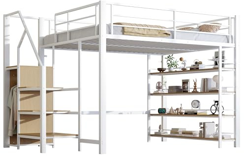 Letto a Soppalco Matrimoniale 140x200 cm in Metallo Resistente, con Armadio, Scala salvaspazio, 4 Ripiani, Doghe e Parapetto Sicurezza, Colore Bianco, per Adolescenti e Adulti