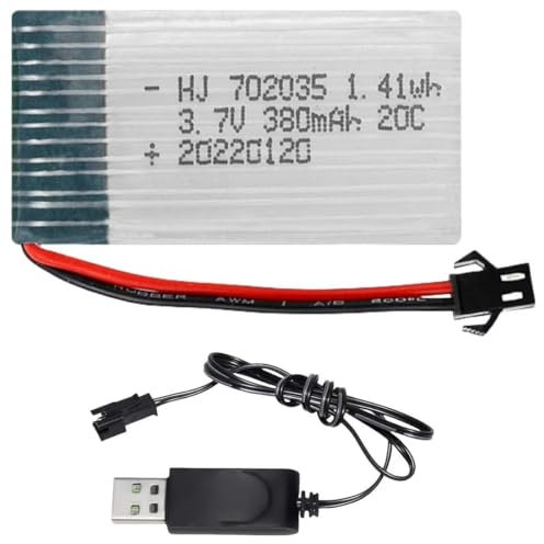 ERYNK Batterie d'avion RC 3,7 V 380 mAh 25 C pour quadricoptère radiocommandé, Hubsan X4 H107, H107C, H107L, X11 X11C, HS170 HS170C, F180C, HS170G, TOZO Q2020 E016H E016F Connecteur SM-2P. et USB