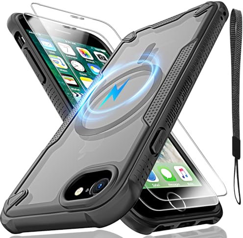 for iPhone 6/7/8,SE2,SE3 Case, Translucent Matte Back with Magsafe Magnetic Slim Shockproof Protective Case with Lanyard Strap and 2*9H Tempered Glass Screen Protector Phone Cover 4.7-inch-Black