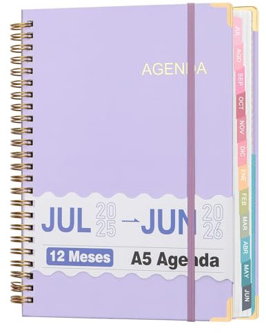 Agenda A5 Semanal y Mensual 2025(Jul)-2026(Jun), Libro de Planificación de 12 Meses, Calendario Diario con Pestañas para Escuela, Universidad, Profesores y Estudiantes (Morado)