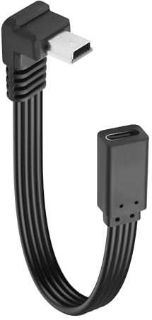 JSADZKJ Corto Tipo C a Mini USB Cable Plano de Carga y Sincronización de Datos de 90 grados Mini 5-Pin Hembra a USB C Macho Adaptador para Tablet,Videocámara-0.65ft (Ángulo arriba)