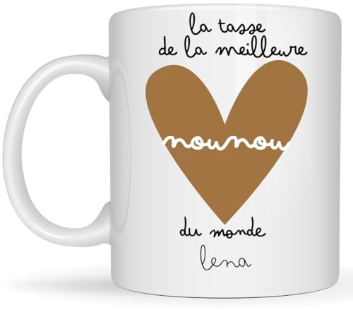 henrietteandco - Mug Nounou Personnalisé Cadeau Original Remerciement | Tasse Prénom Assistante Maternelle 330ml Céramique Blanc | Idée Cadeau Fin Contrat Année (Coeur)