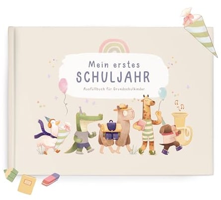 mintkind® Erinnerungsbuch Einschulung Beige – Mein erstes Schuljahr für Kinder – Einschulungsbuch DIN A5 mit Fragen, Malvorlagen & Rätseln – Hardcover Album Schule – 60 Seiten Fadenheftung