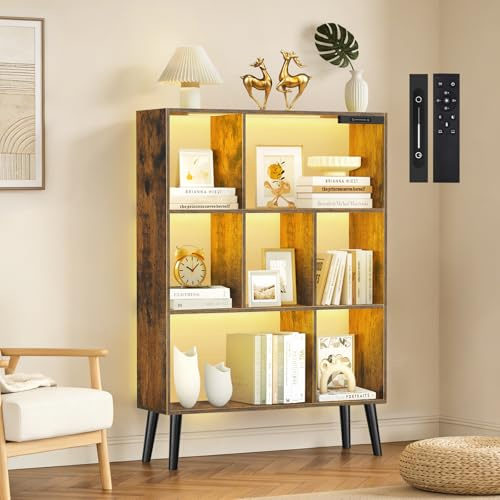 OUTONLIFE 7-Cube Bookshelf with LED Lights, Touch & Remote Control, Freestanding Open Bookcase Storage Shelf, Dimmable Modern Wooden Display Organizer with Legs for Living Room, Bedroom, Office
