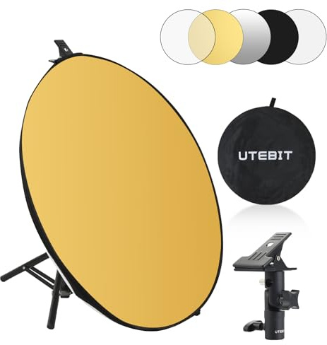 UTEBIT 5 en 1 Réflecteur Lumière avec Support de Trépied, Diffuseur de Lumière 60cm avec Sac de Transport Panneau Réflecteur Photo Pliable pour Éclairage de Studio, Translucide/Argent/Or/Blanc/Noir