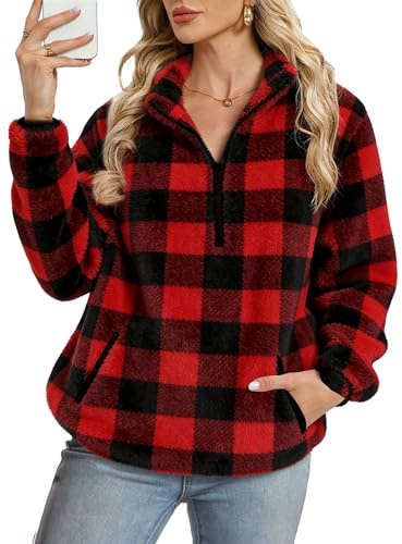 Koerye Pull Femme Casual Polaire Zippé Streetwear 1/4 Zippé Polaire Chaud Sweat-Shirt avec Poche Élégant Streetwear Pullover Automne Hiver