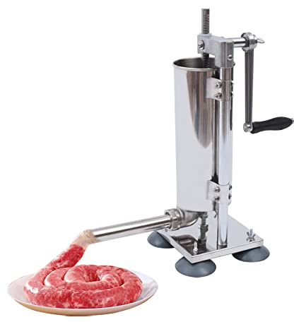 Manuell Wurstfüller Aus Edelstahl 3L Vertikale Wurstmaschine Enthält 6 Füllrohre Wurstfüllmaschine mit 4 Saugnäpfe Silber Wurstspritze Rutschfester Griff Wurstpresse mit Saugnäpfe