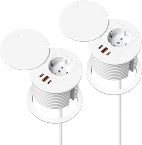 2 Packs - Versenkbare Steckdose mit USB C PD 35W, Einbausteckdose Rund mit Deckel für Schreibtisch, Einbau Steckdosenleiste mit USB für Möbel Arbeitsplatte, 1,8m Kabel, Weiß