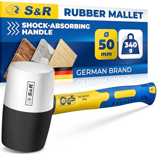 S&R Rubber Paving Hammer 340 g – Soft Mallet 50 mm Head Black/White | Natural Rubber, Fibreglass Handle, Non-Slip Shock Absorbing | GS Tested | for Paving Stones, Tiles & Clinker