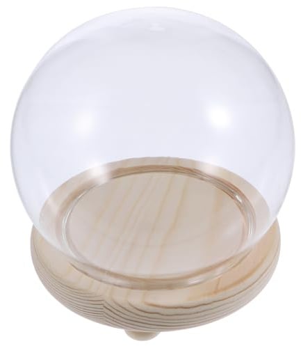 MAGICLULU Cloche en Verre Ronde 15 Cm Socle en Bois Naturel, Contenant pour Fleurs Séchées, Dôme de Protection Transparent pour Décoration Intérieure et Vitrine de Collection