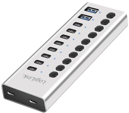 LogiLink UA0448 - USB 3.2 Gen1 Hub mit 10-Ports und Kabel/Adapter, USB Typ A und USB Typ C, EIN-/Ausschalter, Aluminium