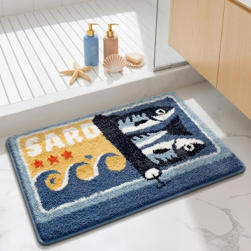 Justup Fischkonserven Badezimmerteppich, 50 x 80 cm Weiche Badematte | Blau Saugfähiger Badematte, Rutschfeste Fußmatte, Maschinenwaschbar, Teppich für Badezimmer, Duschraum und Schlafzimmer