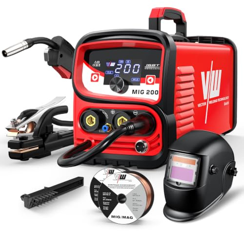 4 in 1 Saldatrice a Filo Continuo No Gas e con Gas 200A, Kit Completo | MIG/MAG con gas, FCAW senza gas, MMA e Lift TIG; casco autoscurante, filo animato e filo pieno inclusi