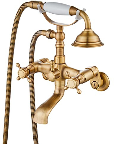 gotonovo Clawfoot Bathtub Faucet Tub Filler with Hand Held Shower Faucet Set Victorian Double Cross Handle 6 Inch Center Adjustable Swing Arms Tub Mount Short Adapter Antique Brass