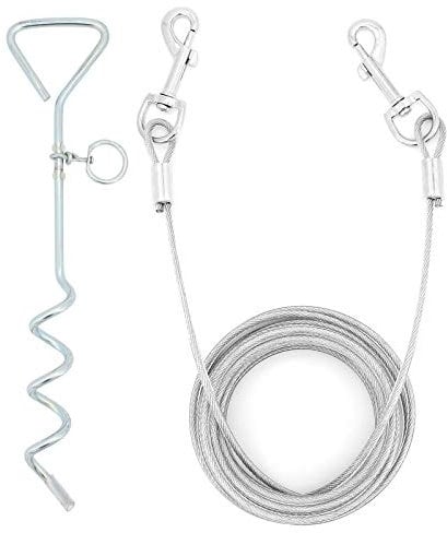 ShawFly Solid Dog Stake and Tie Out Cable (3m, 5m, 10m) Premium Steel Spiral Dog Tie, with 16 Inch spiral ground stake, for Outdoor Yard and Camping Puppy pet and Medium Dogs (5m)