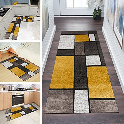 Teppich Läufer Flur rutschfest 120x250cm Küchenteppich Patchwork Braun Gelb Grau Waschbar Meterware Schlafzimmer Korridor Teppichläufer Lang, Länge Anpassbare, 60/ 70/ 80/ 90/ 100/ 110/ 120cm Breit
