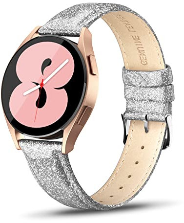 Tuocal Kompatibel für Samsung Galaxy Watch 7 Armband Leder/Galaxy Watch 6 40mm 44mm / Watch 6 Classic/Watch 5/5 Pro, 20mm Leder Armband für Galaxy Watch 4 / Watch 4 Classic Damen, Glitzer Silber