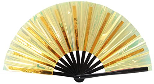 Gionforsy 1 x Rave-faltbarer Handfächer für Damen, Bambus, großer Handfächer mit hellen Farben, Stoff, faltbarer Fächer für Festivals (1 Stück, Stil 4, Gold)