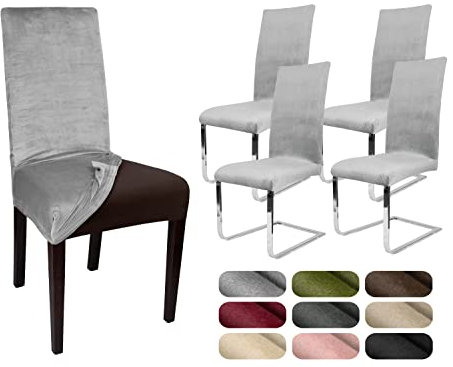 BEAUTEX 4er Set LEA Stuhlhusse, elastische Uni Stretch-Husse aus Samt Mikrofaser Farbe wählbar (Hellgrau)