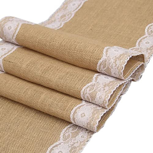 Tischläufer Jute mit Spitze, Tischläufer aus Jute, Tischdecke aus Jute-Spitze Vintage, Tischläufer aus Sackleinen, Tischdecke aus Sackleinen Spitze, für Hochzeit Festival Tischdekoration (30 x 180cm)