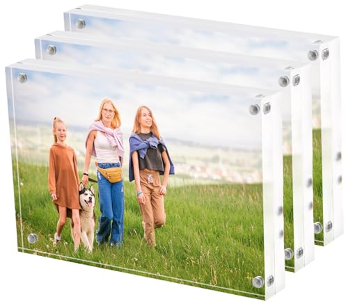 Hacaroa 3 Pack 10 x 15 cm (4 x 6 inch) Acrylic Picture Frames, Double Sided Magnetic Photo Frames 18mm Thickness, Clear Frameless Floating Frames Gifts for Mother's Day, Desktop Display, Free Standing