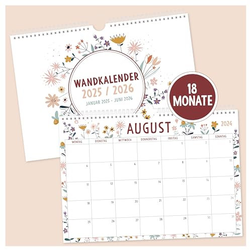 OWLBOOK® Kalender Wandkalender 2025 bis Juni 2026-18 Monate - Geburtstagsplaner Familienplaner Familienkalender Jahreskalender Jahresplaner 2025 Blumen Design - A4 quer Papier