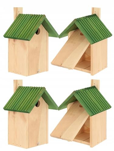 MAZUR 4X Nistkasten zum Aufhängen | Vogelhaus | grün | Nistkästen | handgemacht in Europa | für Meisen, Kleinvöge & Wildvögel | Wetterfest aus robusten Kiefernholz | Nisthaus | Hand Made | Garten