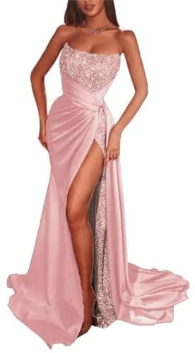 KURFACE WSX493 Robe de bal pour femme avec col en V et paillettes - Robe de soirée formelle avec fente - Rose pâle - Taille 40