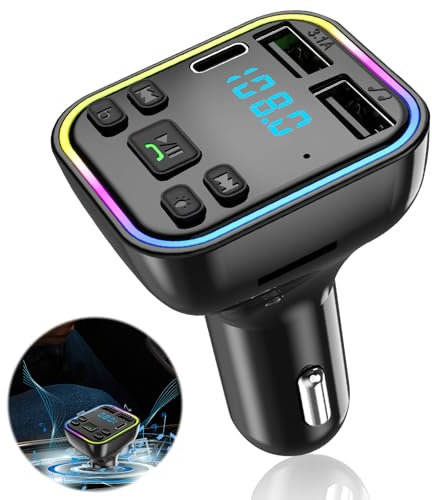 Transmetteur FM Bluetooth, Transmetteur Adaptateur Bluetooth pour Voiture, Dual USB Ports 5V/3.1A & 1A et Type C, Appel Mains Libres et Radio Lecteur de Musique MP3 sans Fil, Support USB/Carte TF