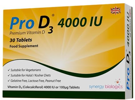 Pro D3 4000 IU Tablets | Premium Vitamin D3 | 30 Tablets | Gelatine Free, Lactose Free, Dairy Free, Nut Free | Suitable for Vegetarians, Halal & Kosher Diets | Made in The UK