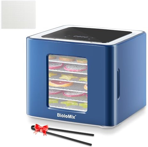 Biolomix Food Dehydrator with 6 Trays,LED Touch Control Design Adjustable Temperature and Time,Dryer Machine for Jerky,Dog Treats, Fruit,Vegetable,Herb (Blue+Square Silicone Dehydrator Sheets, F1210)