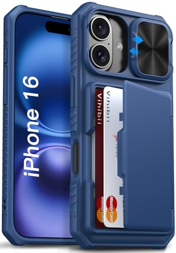 Vihibii for iPhone 16 Wallet Case with Card Holder (4 Cards) [RFID Blocking] & Slide Camera Cover & Raised Edges Protect Screen, Shockproof Rugged Phone Case for iPhone 16 6.1 2024, Blue