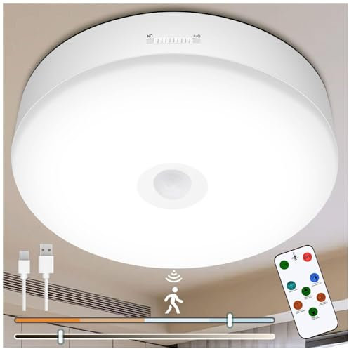 Toowell Plafonnier LED Detecteur de Mouvement avec Telecommande 10000mAh Plafonnier Rechargeable Lampe Detecteur de Mouvement Interieur Plafonnier Sans Fil Lampe LED Plafond Lampe Salle de Bain