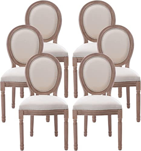 Farmhouse Esszimmerstühle aus Stoff, französischer Landhausstil, runde Rückenlehne, Massivholzbeine, für Wohnzimmer, Schlafzimmer, Küche, Esszimmer, 6 Stück