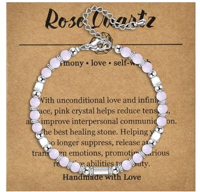 Candyfancy Naturstein Armband Damen Edelstein Armbänder für Frauen Natürliche Echte Steine Perlenarmband für Damen Verstellbare Länge 18+5cm Rosenquarz