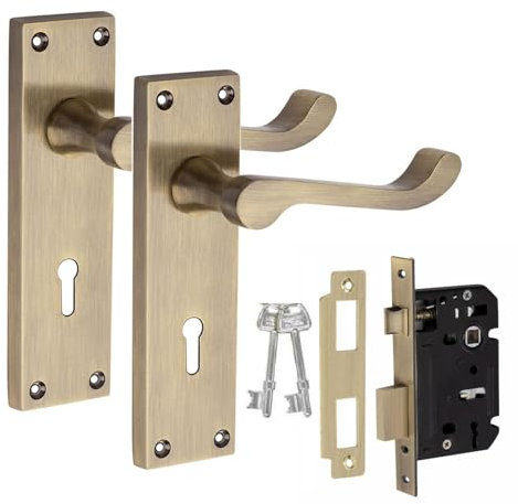 Golden Grace Victorian Scroll Lock Handle with 2.5 3 Lever Lock Antique Brass Finish 150mm x 40mm