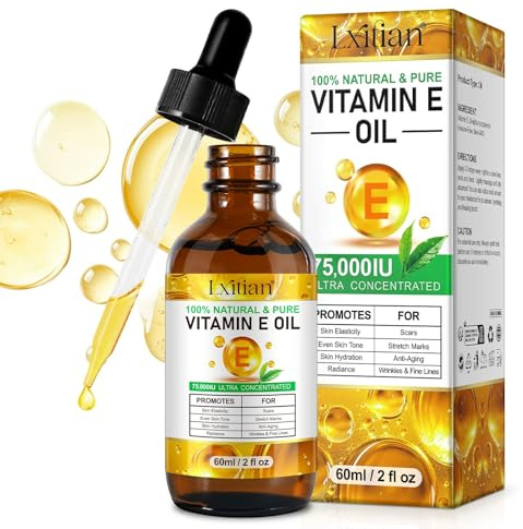 Olio di vitamina E Bio Gocce per cosmetici 75.000 UI – Puro naturale anti-rughe e anti-invecchiamento, tonifica la pelle, riduce cicatrici e linee sottili, per viso, corpo, capelli, unghie (60 ml)