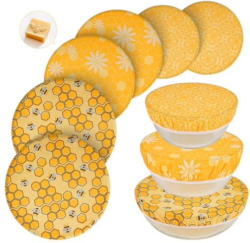 6 Pcs Beeswax Bowl Covers Reusable,Large Reusable Bowl Covers for Bread Proofing,Stretchable to Fit 8/10/12 Inch Bowls (2 Each),Beeswax Wraps for Bread,Leftovers,Fruits,Salad