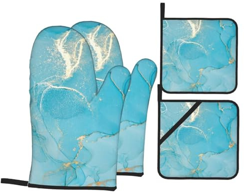 Ensemble de 4 maniques et maniques en marbre Bleu Sarcelle Turquoise, adaptées aux barbecues, à la Cuisson au Four et au Micro-Ondes