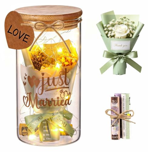 LED Flaschenlicht Spardose Hochzeitsgeschenke für Brautpaar | Just Married – Geldgeschenk Hochzeit mit Trockenblumen, Anhänger und LED-Leuchten. Geldgeschenke Hochzeit Verpackung