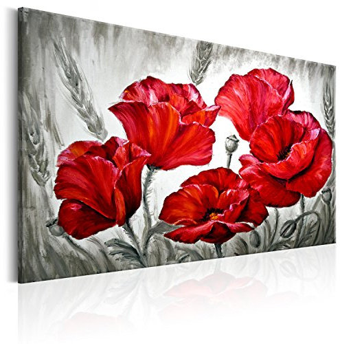 B&D XXL - Wandbilder XXL 90x60 cm 1 tlg - Wand Deko Vlies Leinwand Bilder Groß Wanddeko Wohnzimmer Schlafzimmer Kunstdrucke - Blumen Mohn - wie gemalt rot b-B-0163-b-a