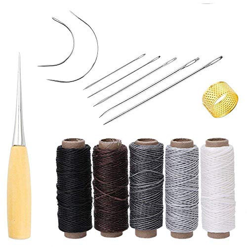 Yulakes 14 agujas de coser a mano para tapicería, lona de cuero, suministros de costura con 5 hilos de cera de 50 m 150D de cuero