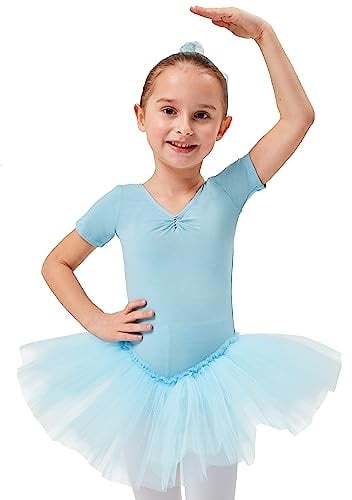 tanzmuster ® Ballettkleid Mädchen Tutu - Nele- aus weichem Baumwollstoff mit Glitzersteinen fürs Kinder Ballett Ballettbody Ballett Trikot, Hellblau 104-110