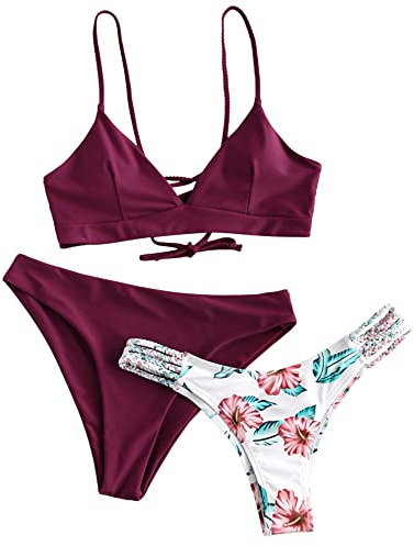 ZAFUL zweiteilig Bikini-Set mit verstellbarem BH Push-Up Rücken, Triangle Bustle Badehose mit Blummenmuster (Weinrot, S)