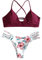 ZAFUL zweiteilig Bikini-Set mit verstellbarem BH Push-Up Rücken, Triangle Bustle Badehose mit Blummenmuster (Weinrot, S)