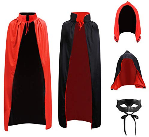 CLISPEED Vampir Kostüm Damen Herren - Stehkragen Erwachsenen Mantel Prop Kostüm mit Maske und Abnehmbarer Kapuze Umhang Rot Schwarz für Karneval Maskerade Weihnachten Kostüm Feiertag Party